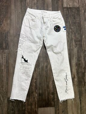Zara Basic White Distressed Patch Jeans Size 4 (EUR 36) Raw Hem Cropped Denim